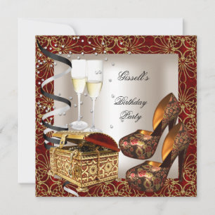 Invitation Fête d'anniversaire Damask Red Gold Chaussures Crè
