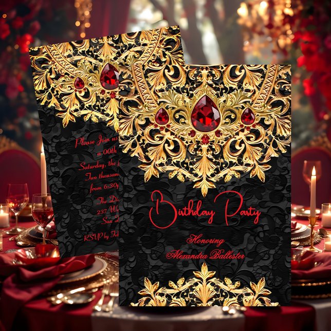 Invitation Fête d'anniversaire damassé noir orné de gemmes ro (Créateur téléchargé)
