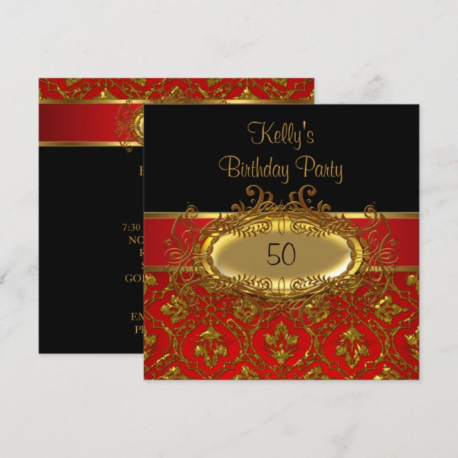 Invitation Fête d'anniversaire Damassé Noir Rouge Or (Devant / Derrière)
