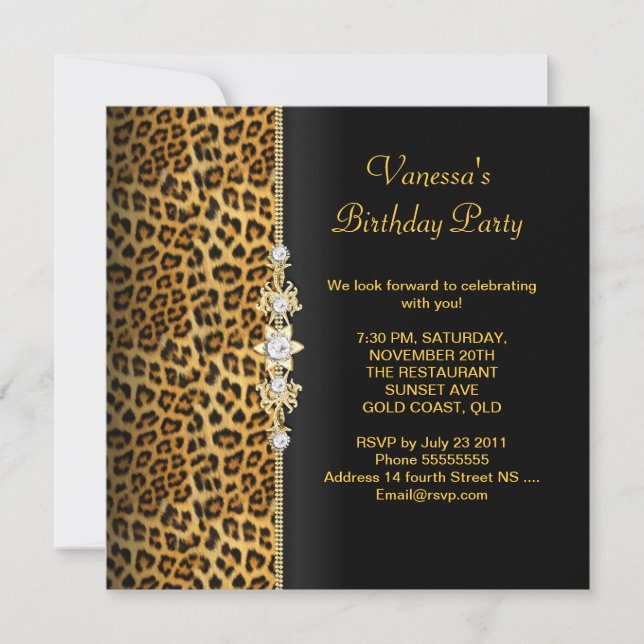Invitation Fête d'anniversaire damassé or léopard noir (Devant)