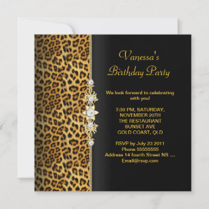 Invitation Fête d'anniversaire damassé or léopard noir