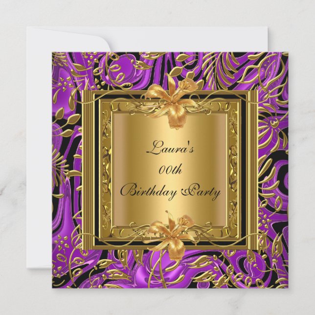 Invitation Fête d'anniversaire damassé or violet orné (Devant)