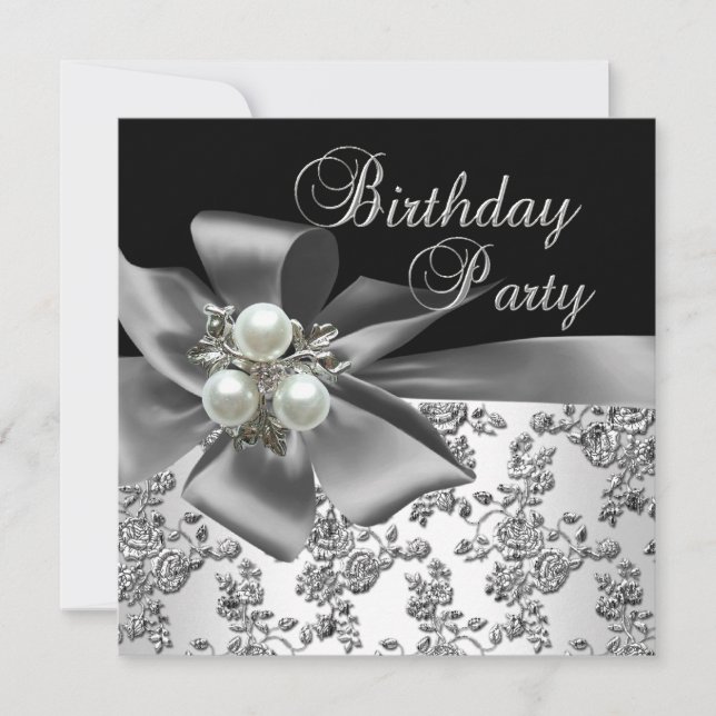 Invitation Fête d'anniversaire Damassé Perle Argenté Blanc No (Devant)