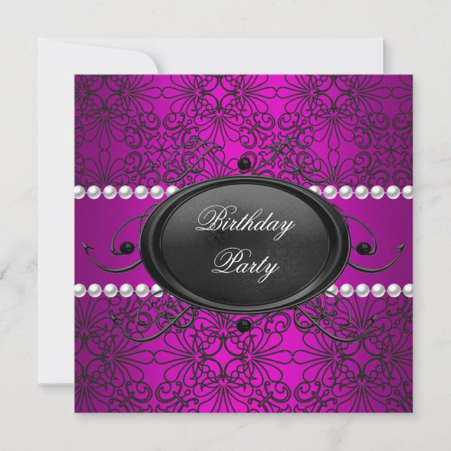 Invitation Fête d'anniversaire Damassé Rose Violet Blanc Noir (Devant)
