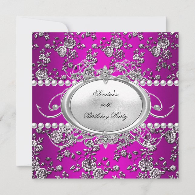 Invitation Fête d'anniversaire Damassé Rose Violet Blanc Perl (Devant)