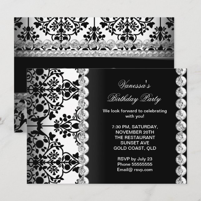 Invitation Fête d'anniversaire damassée Argent Noir Blanc Flo (Devant / Derrière)