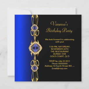 Invitation Fête d'anniversaire damassée Colbalt Bleu Or Noir