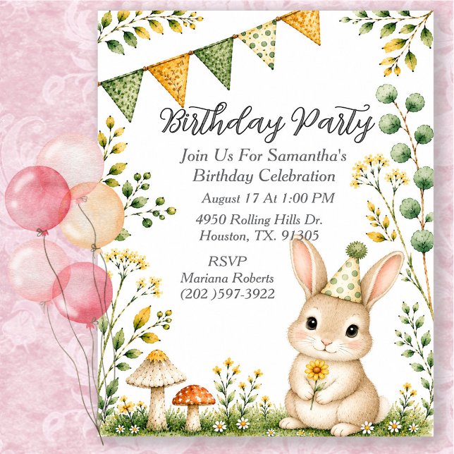 Invitation Fête d'anniversaire d'animal de lapin genre neutre (Créateur téléchargé)