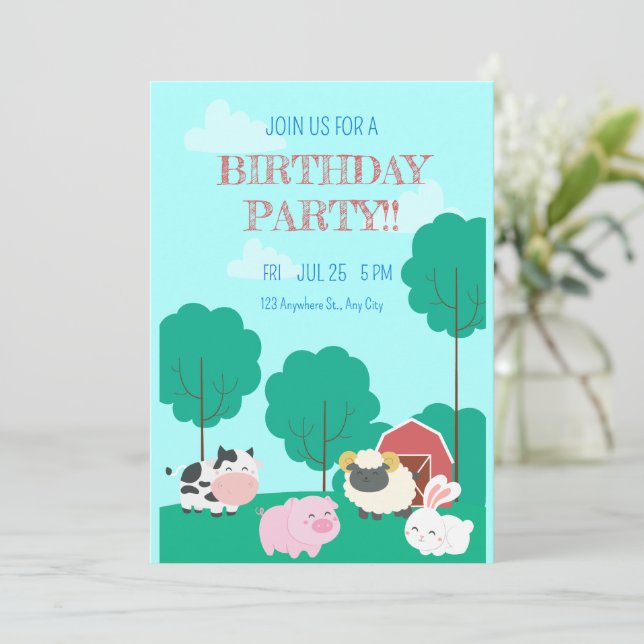 Invitation Fête d'anniversaire d'animaux de ferme, Animaux de (Debout devant)
