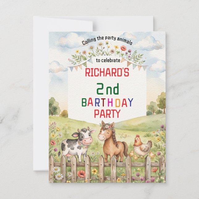 Invitation Fête d'anniversaire d'animaux de ferme pour enfant (Devant)