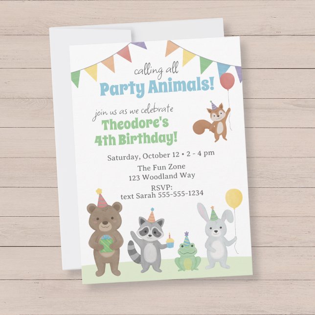 Invitation Fête d'anniversaire d'animaux de fête (Party Animals Birthday Party Invitation with forest animals wearing party hats)