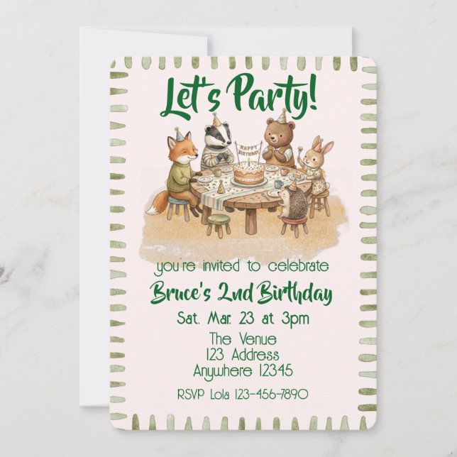 Invitation Fête d'anniversaire d'animaux de forêt à l'aquarel (Devant)