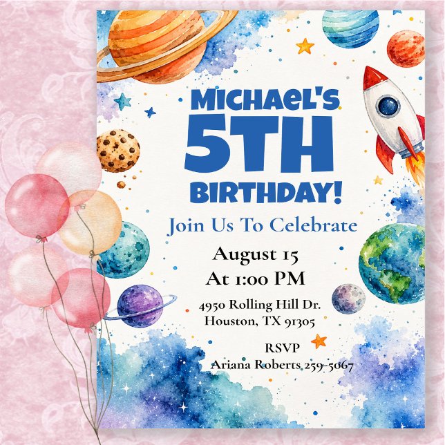Invitation Fête d'anniversaire dans l'espace à l'aquarelle (Créateur téléchargé)