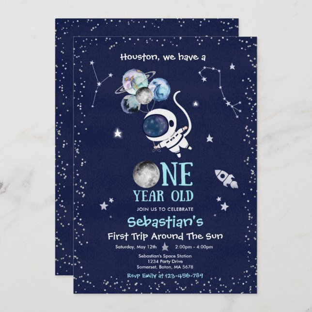 Invitation Fête d'anniversaire dans l'espace Astronaute Fusée (Devant / Derrière)