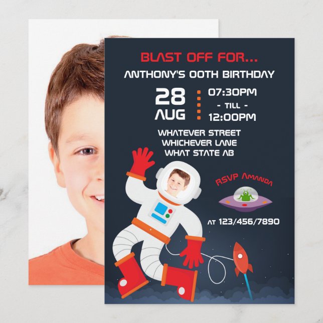 Invitation Fête d'anniversaire dans l'espace personnalisée av (Devant / Derrière)