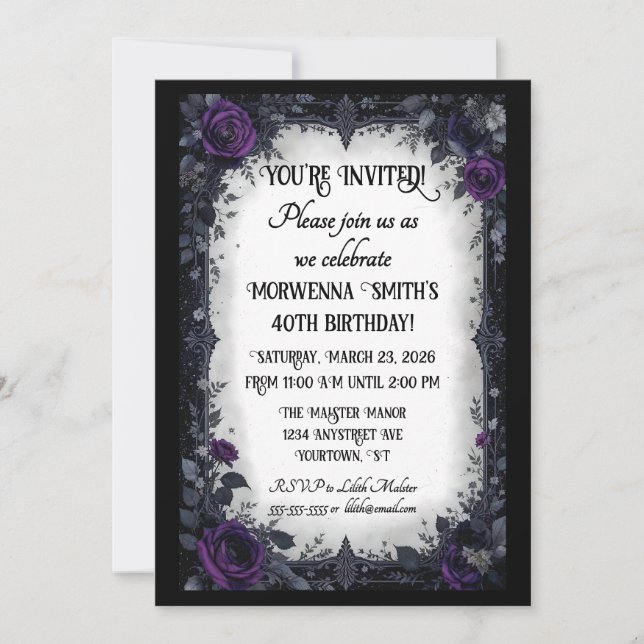 Invitation Fête d'anniversaire Dark Goth avec des roses viole (Devant)
