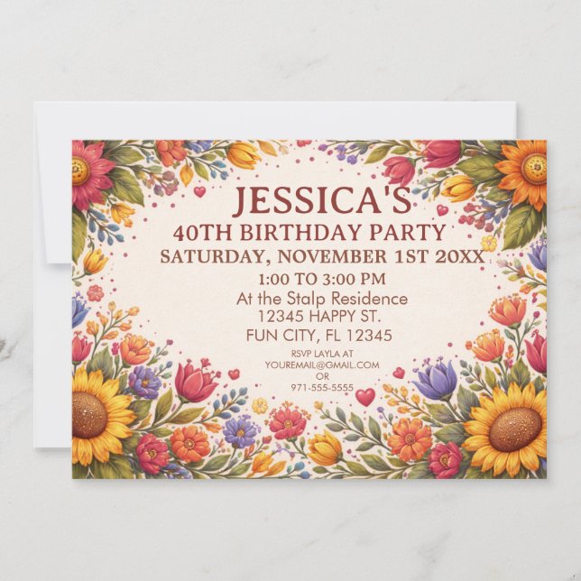 Invitation Fête d'anniversaire d'art populaire floral  (Devant)