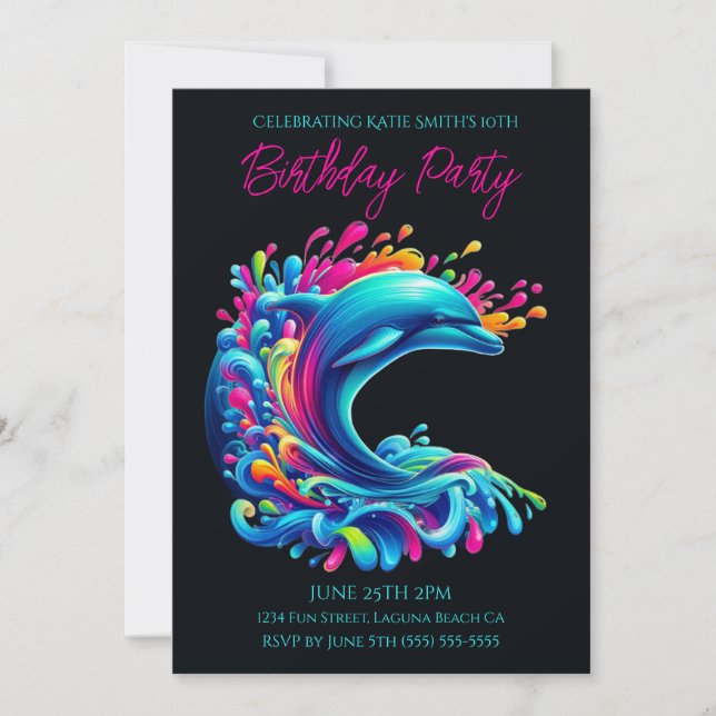 Invitation Fête d'anniversaire - Dauphin coloré éclaboussure (Devant)