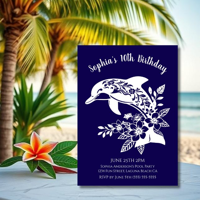 Invitation Fête d'anniversaire - Dauphin Fleur tropicale Hawa (Hawaiian Dolphin, Flippin Fabulous, Islander Summer, Beach, Fisherman Trend, wine tumbler,)