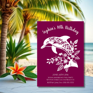 Invitation Fête d'anniversaire - Dauphin Hawaïen Fleurs Tropi