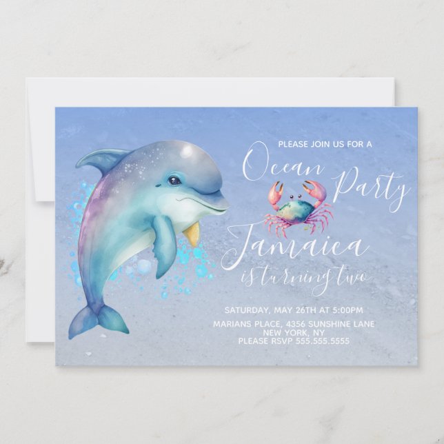 Invitation Fête d'anniversaire dauphin océan plage aquarelle (Devant)