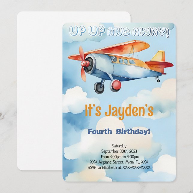 Invitation Fête d'anniversaire d'avion modifiable (Devant / Derrière)
