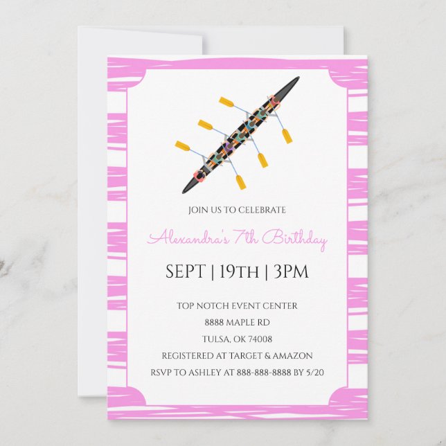 Invitation Fête d'anniversaire d'aviron à rayures roses (Devant)