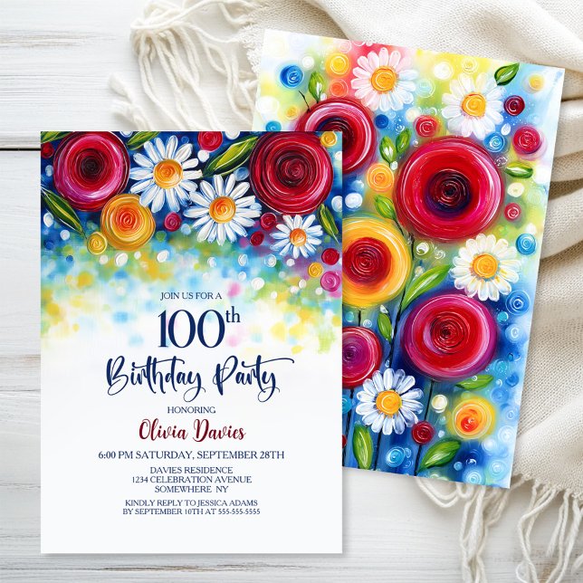 Invitation Fête d'anniversaire de 100 ans aux fleurs colorées (Créateur téléchargé)