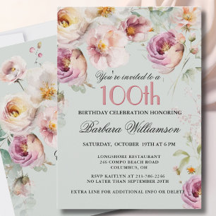 Invitation Fête d'anniversaire de 100 ans aux fleurs peintes 