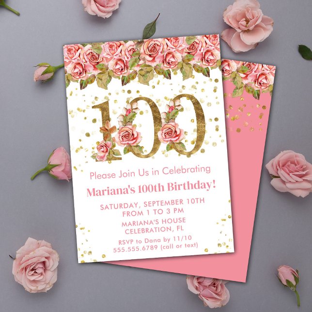 Invitation Fête d'anniversaire de 100 ans aux fleurs roses et (Créateur téléchargé)