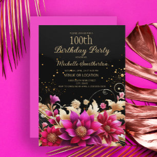 Invitation Fête d'anniversaire de 100 ans Black Gold Pink Flo