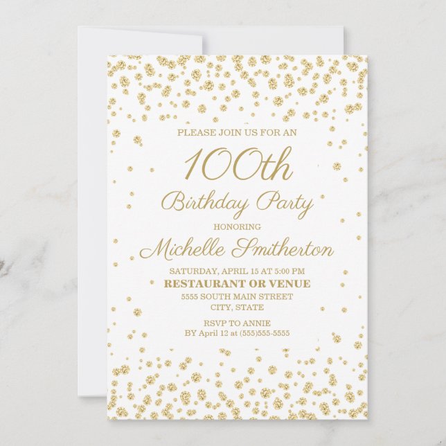 Invitation Fête d'anniversaire de 100 ans Blanc avec Paillett (Devant)