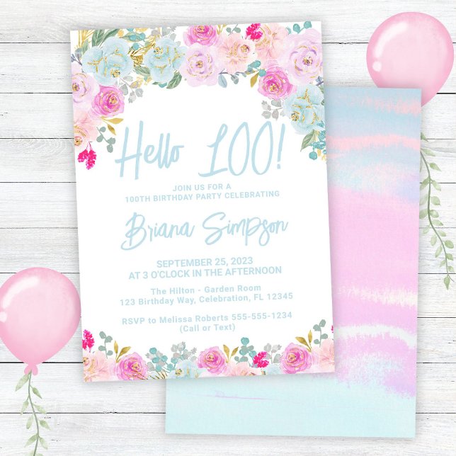 Invitation Fête d'anniversaire de 100 ans Bleu Rose Pêche Vio (Créateur téléchargé)