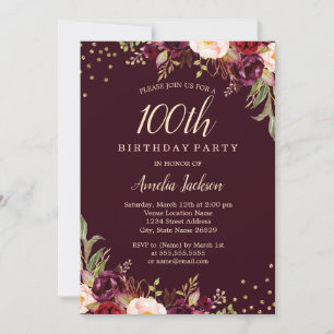 Invitation Fête d'anniversaire de 100 ans Burgundy floral Gol
