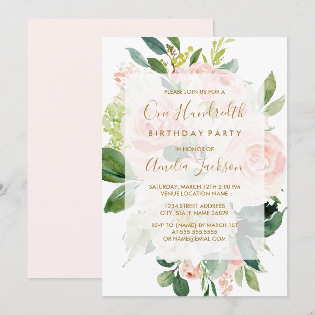 Invitation Fête d'anniversaire de 100 ans Elegant Pink Peach  (Devant / Derrière)