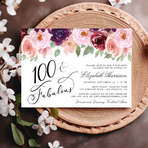Invitation Fête d'anniversaire de 100 ans élégante aquarelle