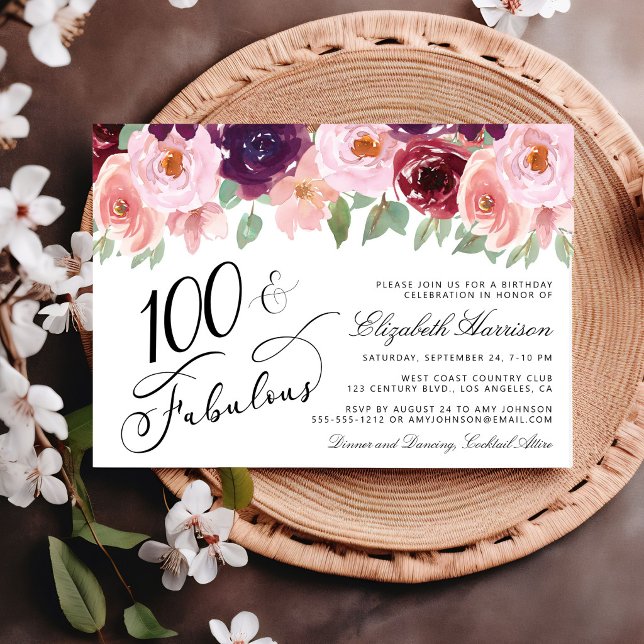 Invitation Fête d'anniversaire de 100 ans élégante aquarelle  (Elegant Floral Watercolor 100th Birthday Party Invitation)