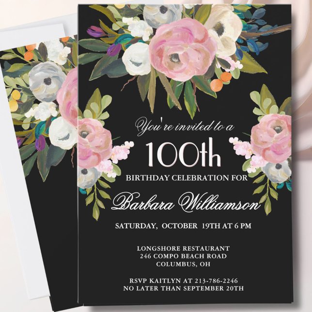 Invitation **Fête d'anniversaire de 100 ans élégante avec fle (Créateur téléchargé)