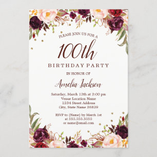 Invitation Fête d'anniversaire de 100 ans élégante or bordeau