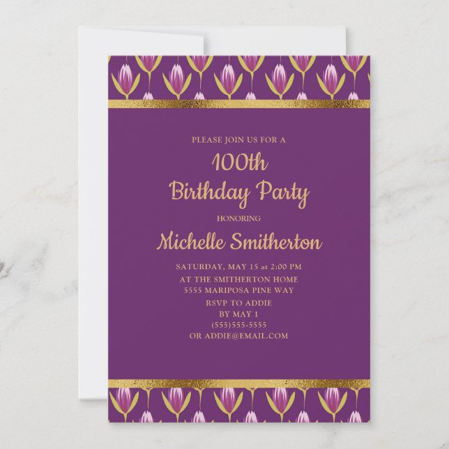 Invitation Fête d'anniversaire de 100 ans élégante violette f (Devant)
