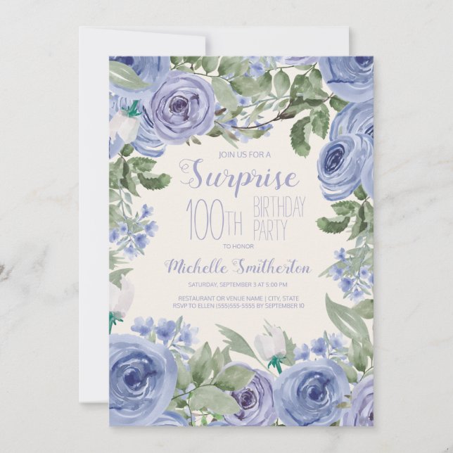 Invitation Fête d'anniversaire de 100 ans Fleur aquarelle ble (Devant)
