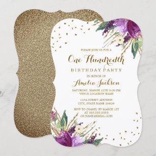 Invitation Fête d'anniversaire de 100 ans Fleur Or Violet Aqu
