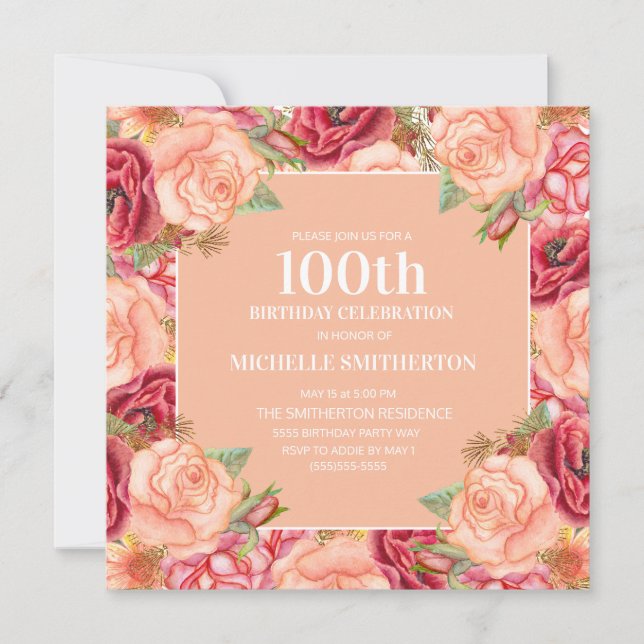 Invitation Fête d'anniversaire de 100 ans Fleurs Roses Rouges (Devant)