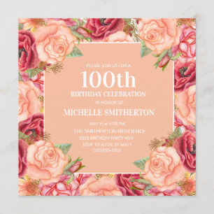 Invitation Fête d'anniversaire de 100 ans Fleurs Roses Rouges