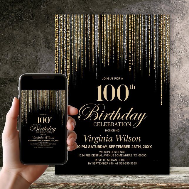 Invitation Fête d'anniversaire de 100 ans noir et paillettes  (Créateur téléchargé)