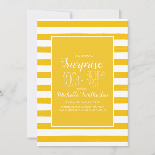 Invitation Fête d'anniversaire de 100 ans rayée blanc jaune (Devant)