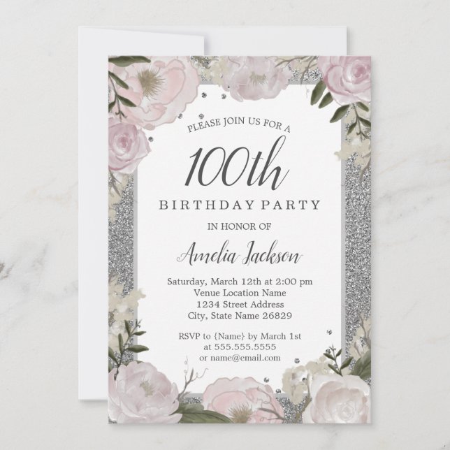 Invitation Fête d'anniversaire de 100 ans Sparkle Rose Fleur  (Devant)