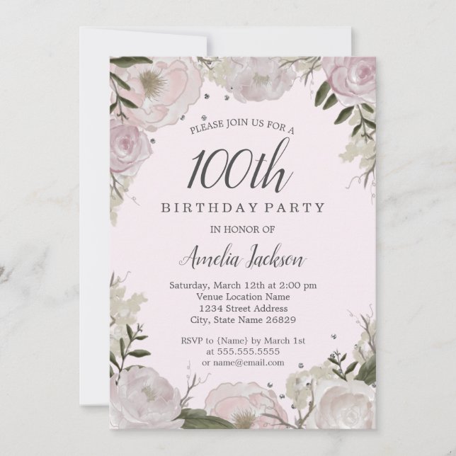 Invitation Fête d'anniversaire de 100 ans Sparkle Rose Floral (Devant)