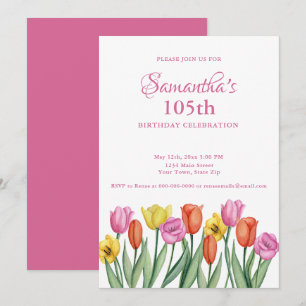 Invitation Fête d'anniversaire de 105 ans aux tulipes aquarel
