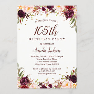 Invitation Fête d'anniversaire de 105 ans élégante or bordeau